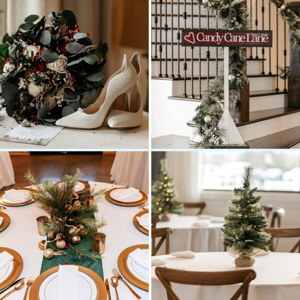 A collage of photos of a Christmas wedding with pretty flowers and mini Xmas trees as centerpieces
