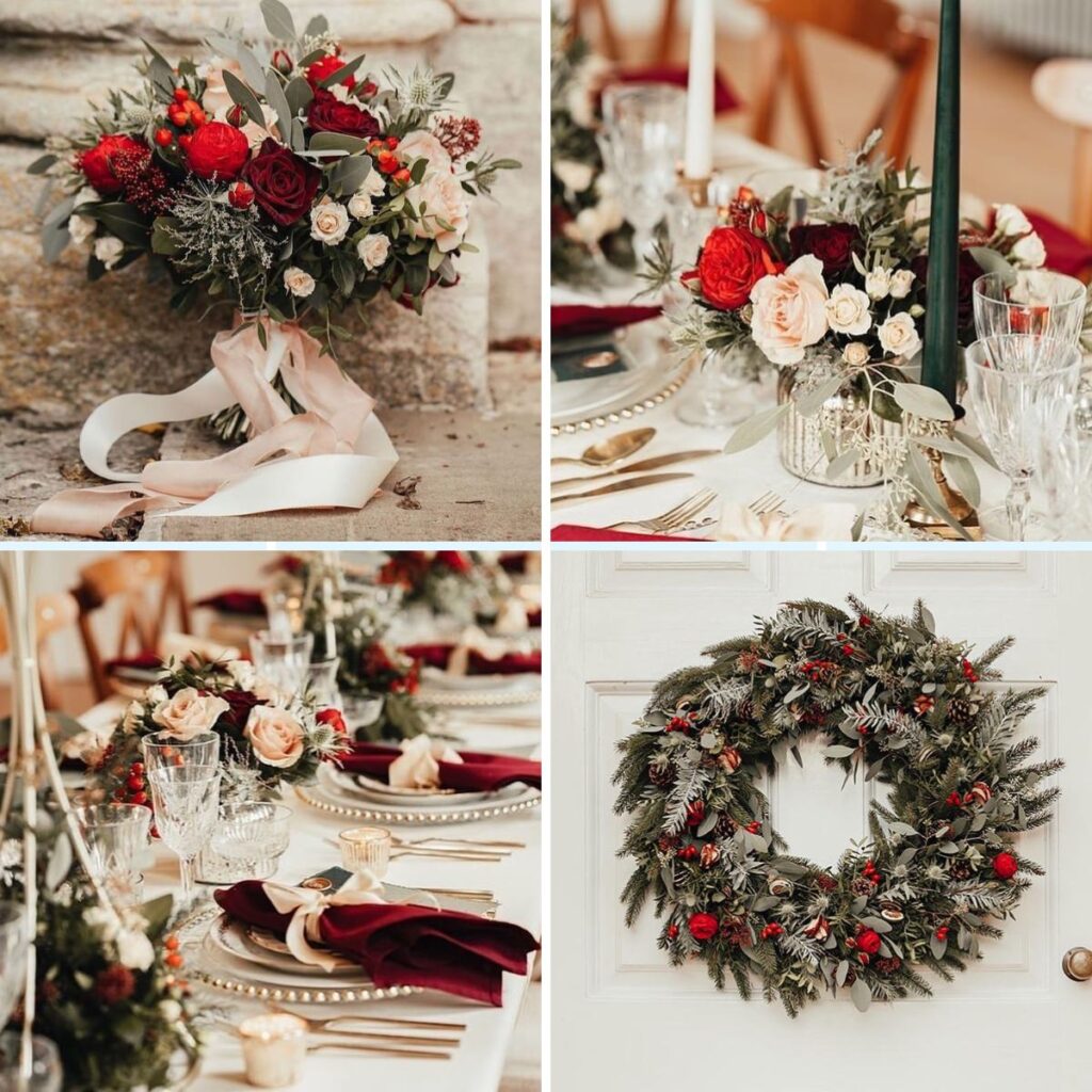 A collage of Christmas wedding flowers. A bridal bouquet, a Xmas wreath, and small table centerpieces.