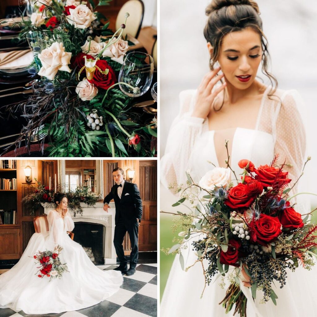 A collage of Christmas wedding flower photos. One is the bride holding her bouquet, another is the bride and groom posing, and then another a close up of the bouquet.