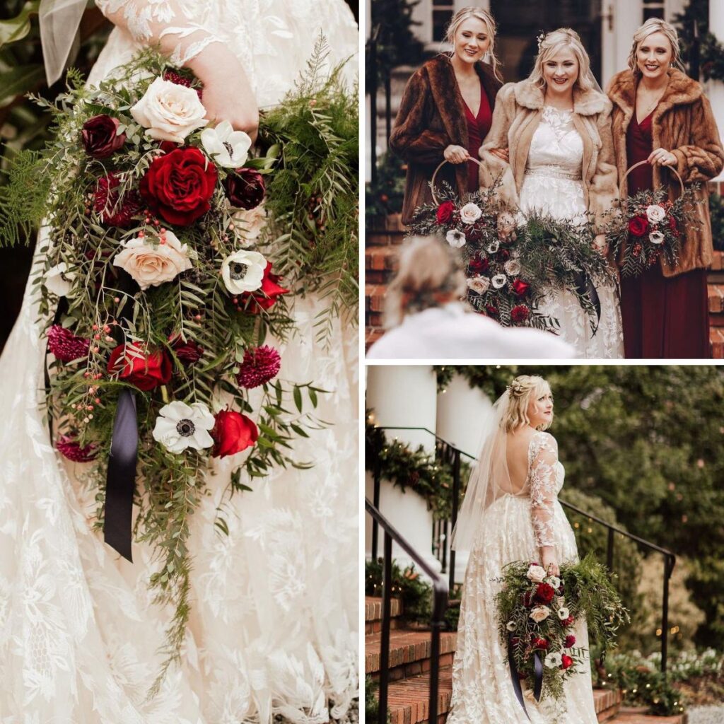 A beautiful collage of photos showing off a winter Christmas wedding. The photos show a close up of the wedding bouquet, the bride and bridesmaids holding their flowers, and a portrait of the bride with her bridal bouquet.
