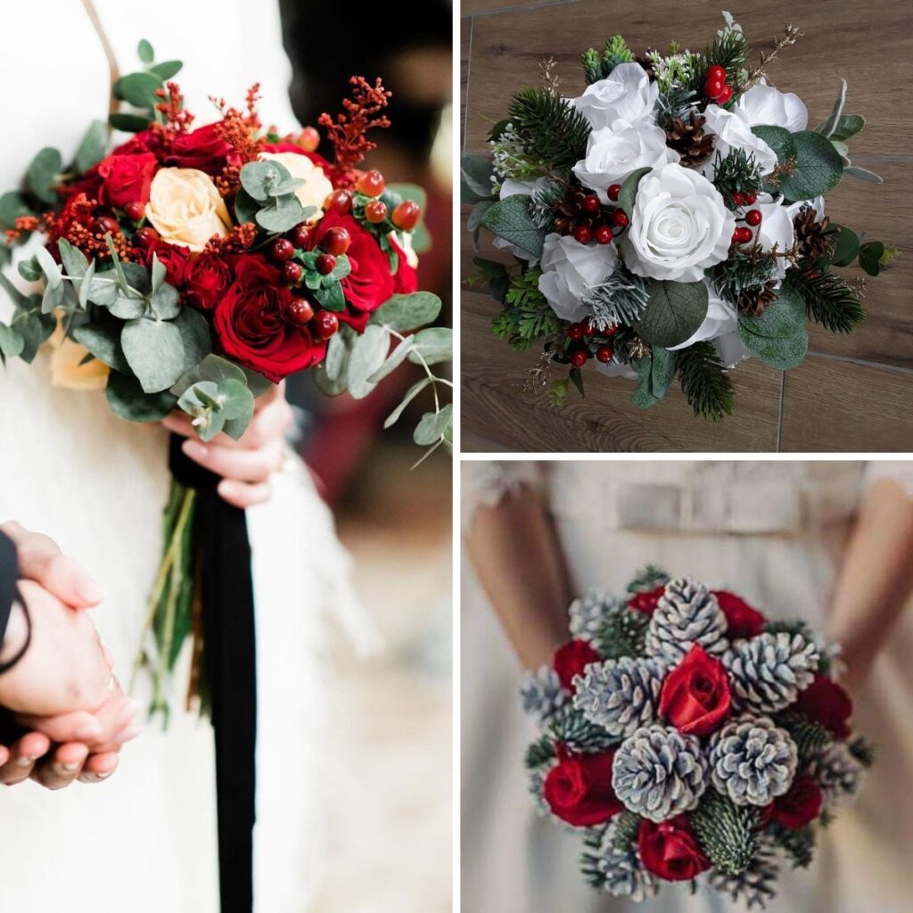 A collage for three different Christmas wedding flower ideas with red and white flowers and pinecones.