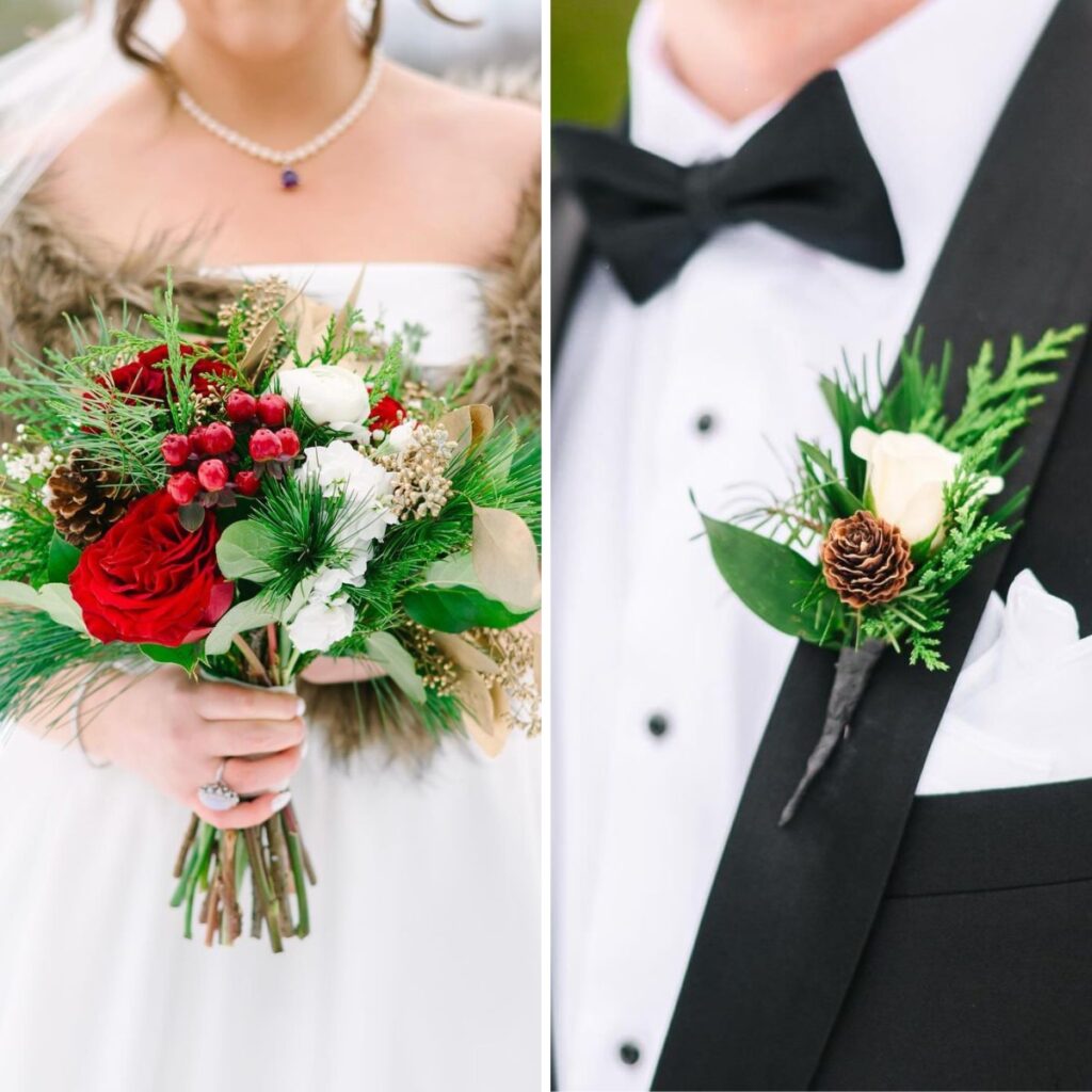 A close up of a bride and her Christmas-themed bouquet and a close up of the groom and his pinecone boutonnière.