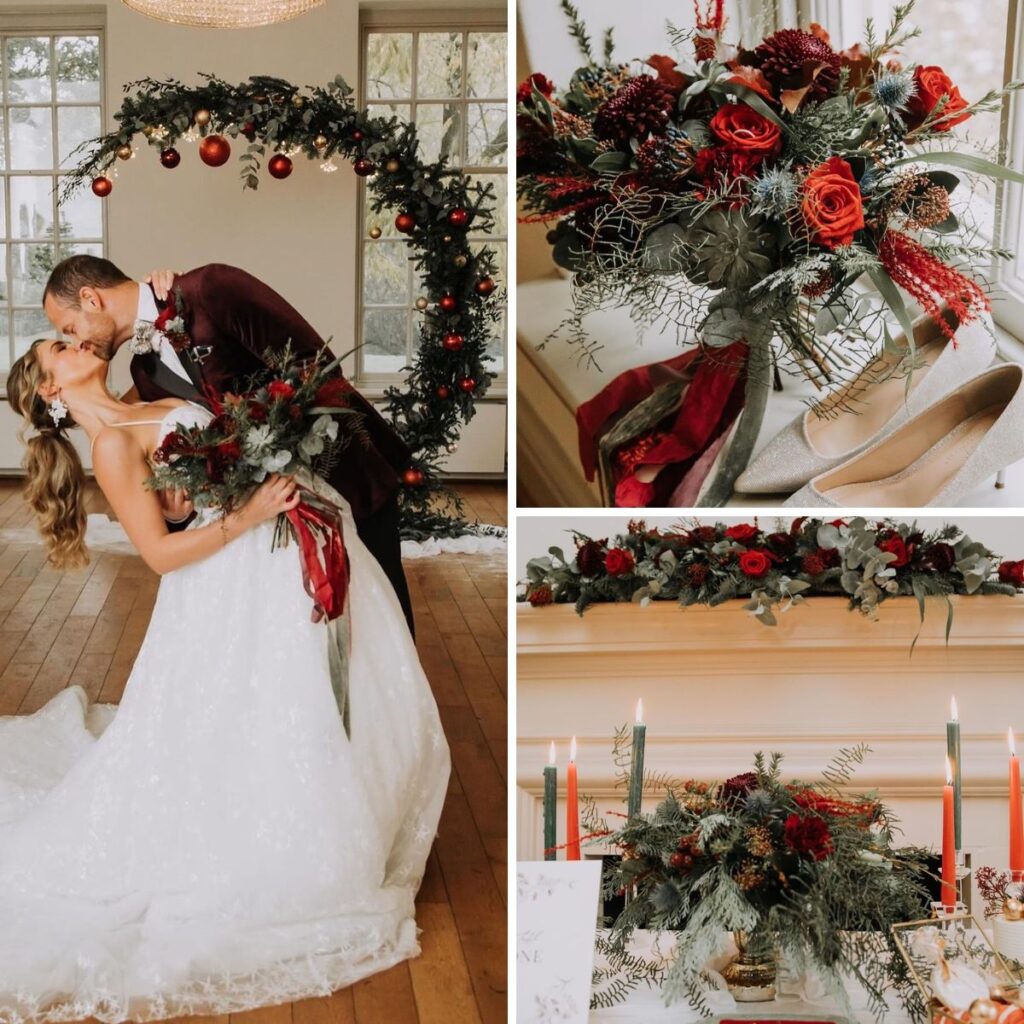 A collage of wedding photos with Christmas-themed flowers. The groom is dipping the bride.