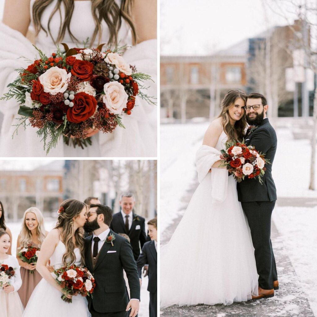 A collage of photos that shows a bride and groom with a pretty red, white, green, and pink wedding bouquet.