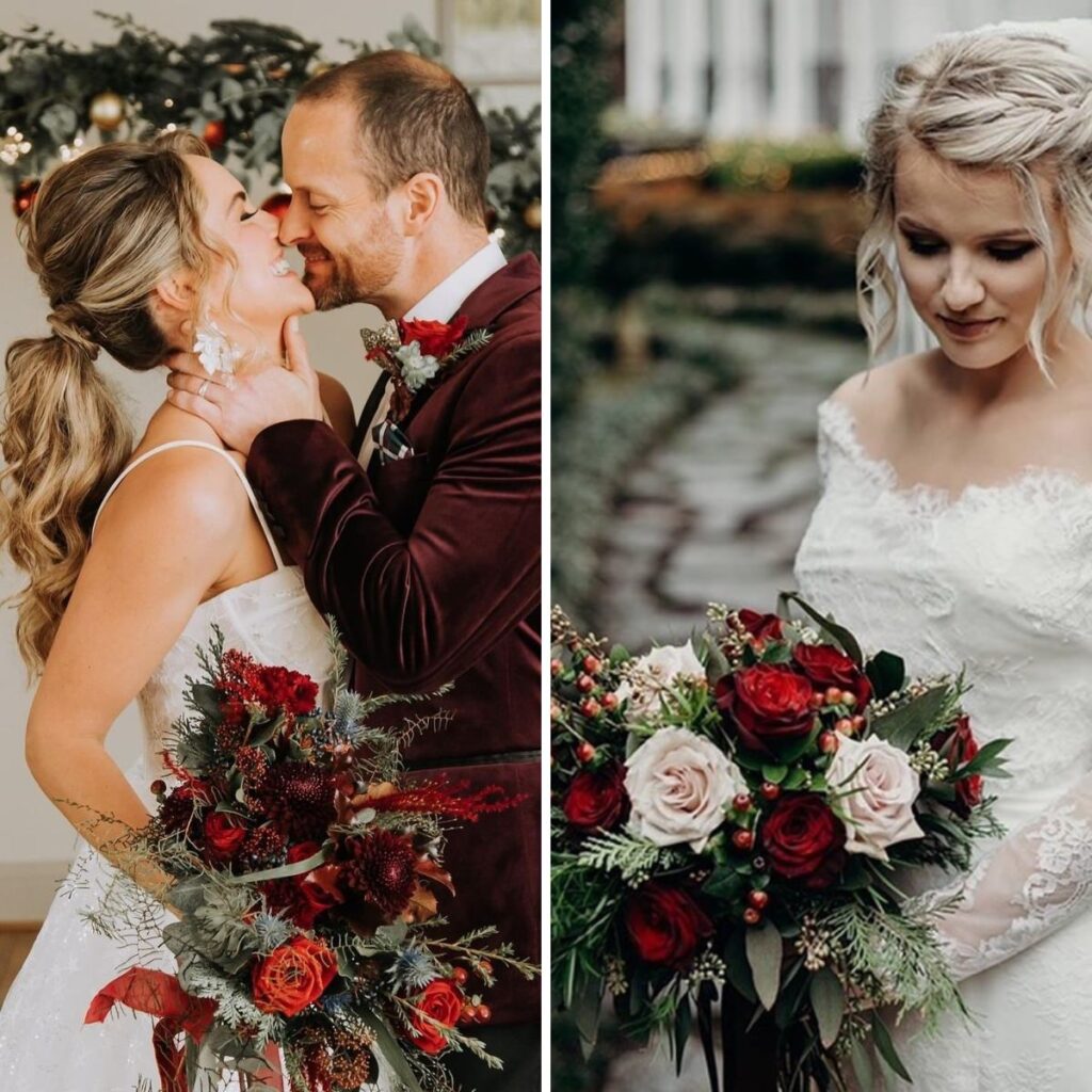 Two photos of brides holding their wedding bouquets