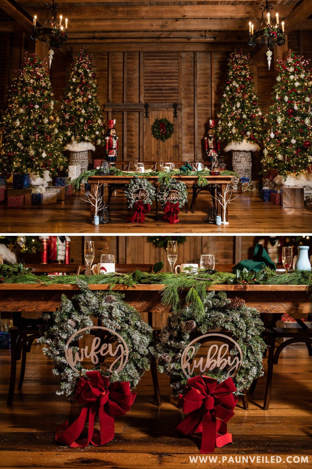 A beautiful christmas wedding reception setup with decorated Christmas trees and wreathes hanging from the sweetheart table. This is for the blog post of Christmas wedding ideas