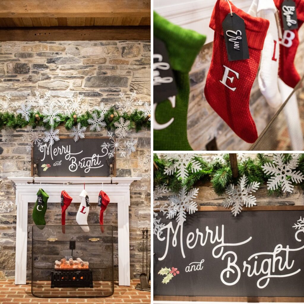 Wedding ceremony decor with a Christmas theme. This shows a fake fireplace, stockings, and a sign that says Merry and Bright.