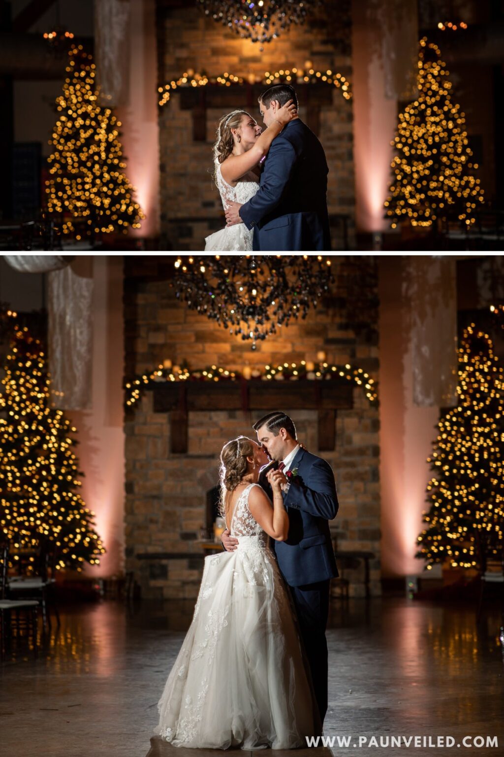 A bride and groom dancing at their wedding reception next to lit up Christmas trees. This is for the blog post called Christmas wedding ideas