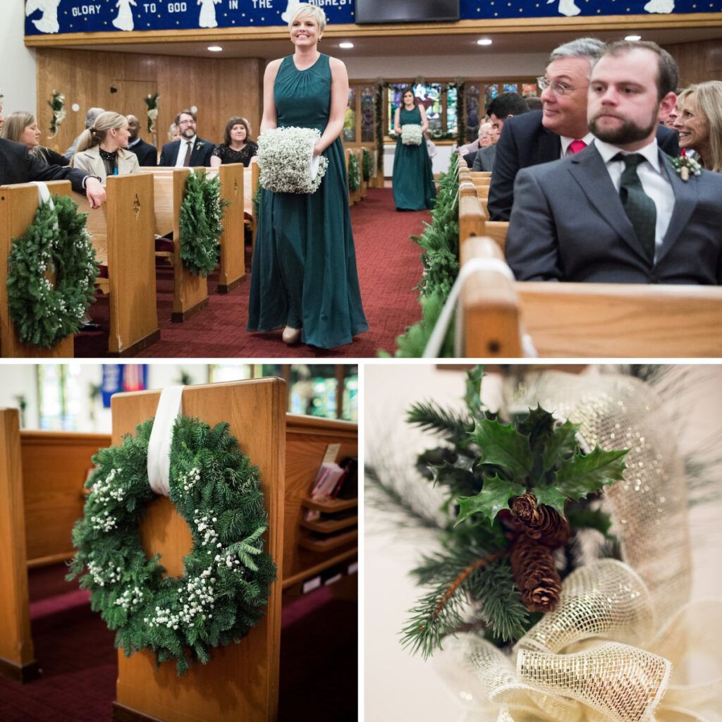 Wedding ceremony decor for a Christmas wedding. This shows wraths hanging from the pews, and a bridesmaid walking down with a cute bunch of flowers