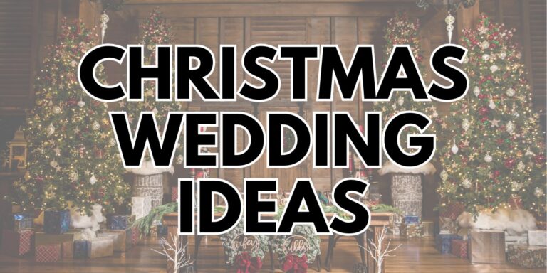 cover image for the blog post called Christmas wedding ideas. The faded photo in background shows a wedding reception decorated in a Christmas theme.
