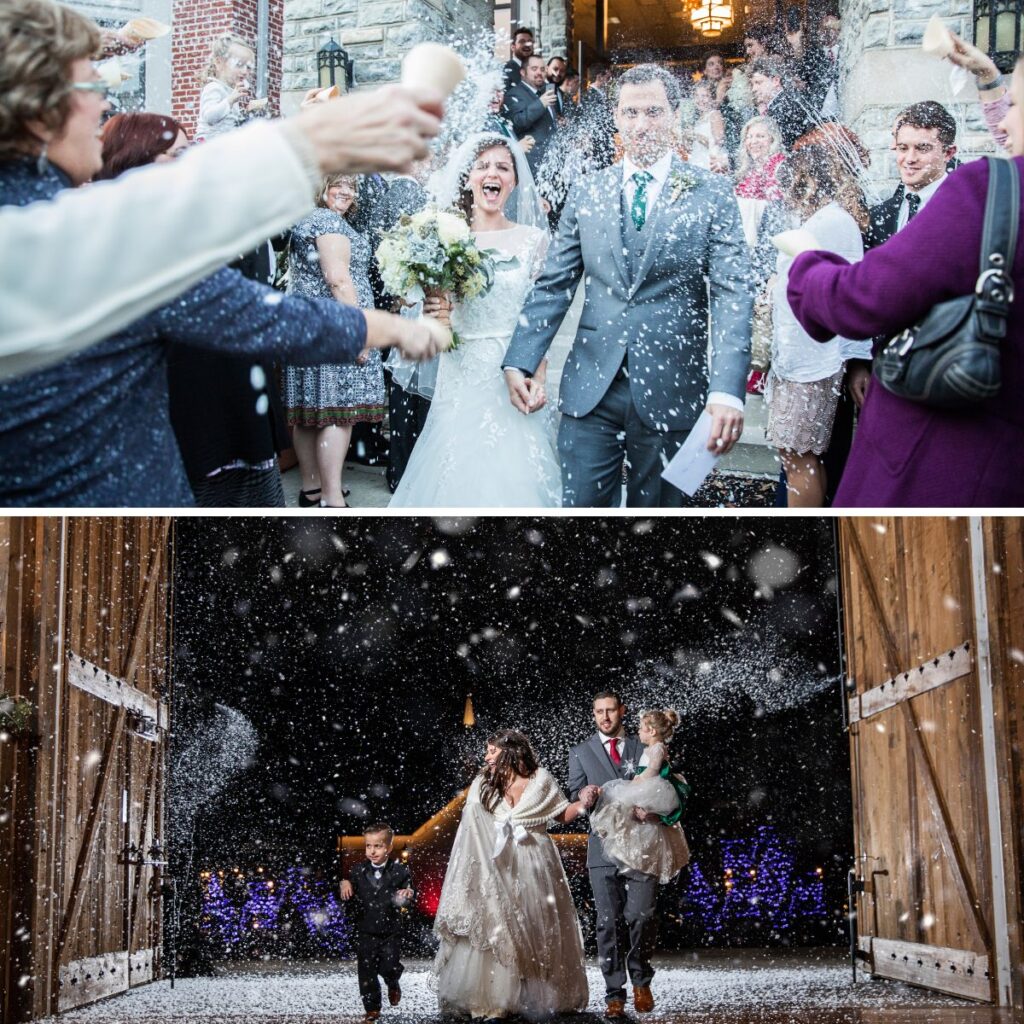Two photos that show a  couple being showered with fake snow as they leave their wedding ceremony and another couples being showered with snow as they enter this Christmas-themed wedding reception.
