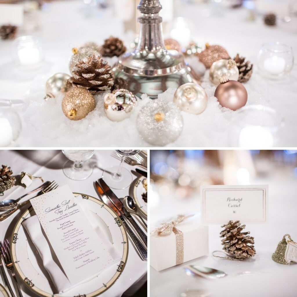 A collage of photos that shows off some Christmas decorations at a wedding. It shows Xmas ornaments, a menu card, pinecones, and a gold glitter bell