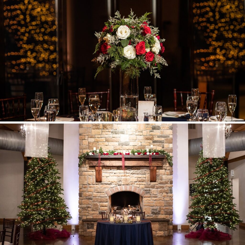 A wedding reception decorated for Christmas including decorated trees, lights, and flowers
