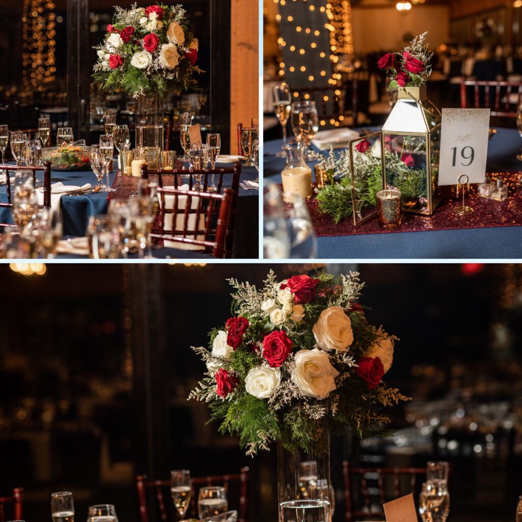 A wedding reception decorated with a Christmas theme including trees, red, white, and green flowers.