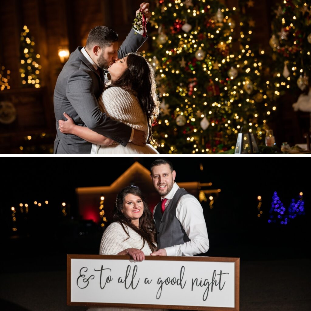 A bridge and groom holding up a sign that says and to all a good night and also holding mistletoe above their heads and kissing 
