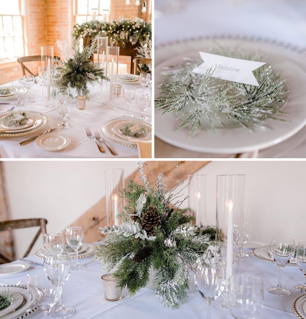 cute winter wedding reception decorations showing pinecones and evergreen tree branches