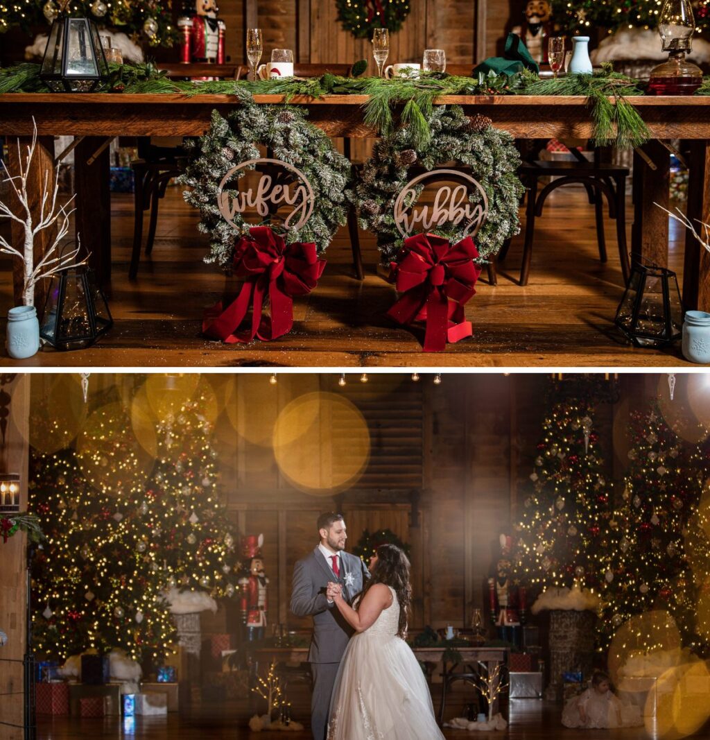 a bride and groom dancing at their Christmas-themed winter wedding. It also shows the sweetheart table with Christmas wreaths hanging from it