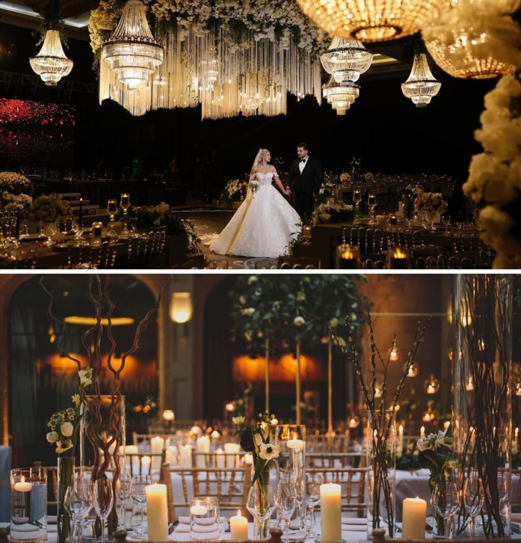 A winter wedding reception setup with lots of candles. This shows the bride and groom standing in the middle of the room