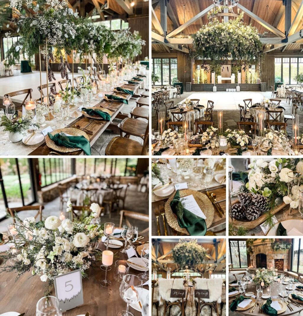 A photo collage of a winter wedding reception. This shows tables decorated with lots of green and white flowers and pinecones.