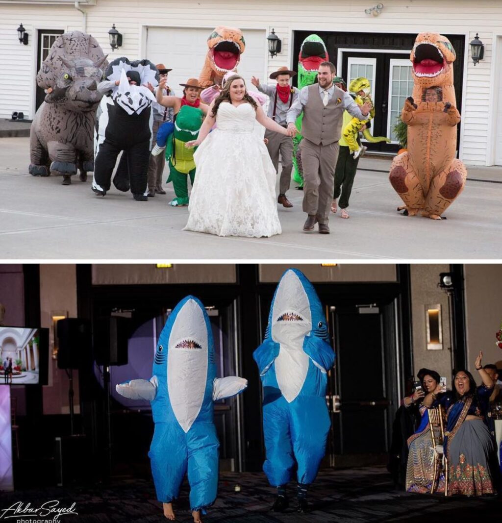 Two wedding parties entering the wedding reception wearing blow up costumes. One shows the bridal party in dinosaur blow up costumes and the other shows two wedding party members in blow up shark costumes.