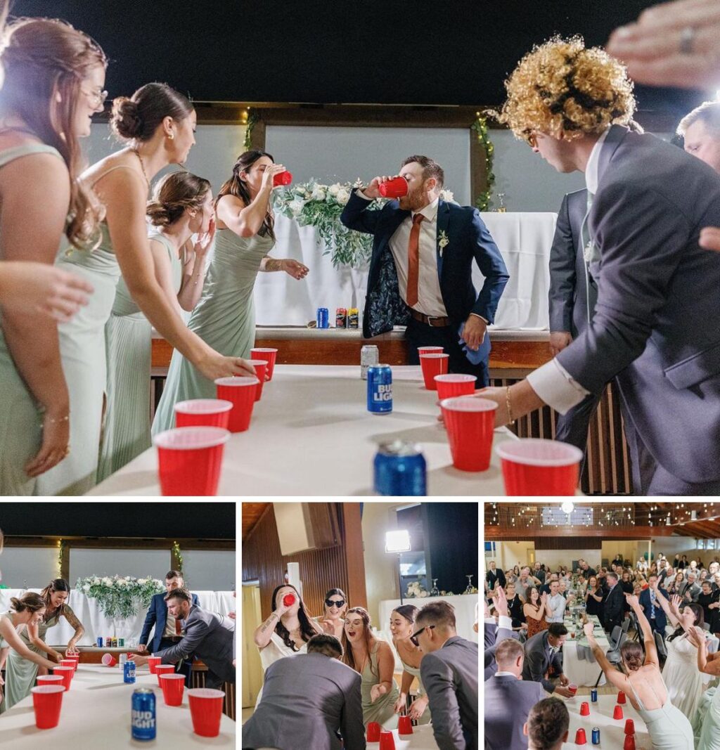 This is a photo collage of the wedding party playing a game of flip cup as they enter the wedding reception.