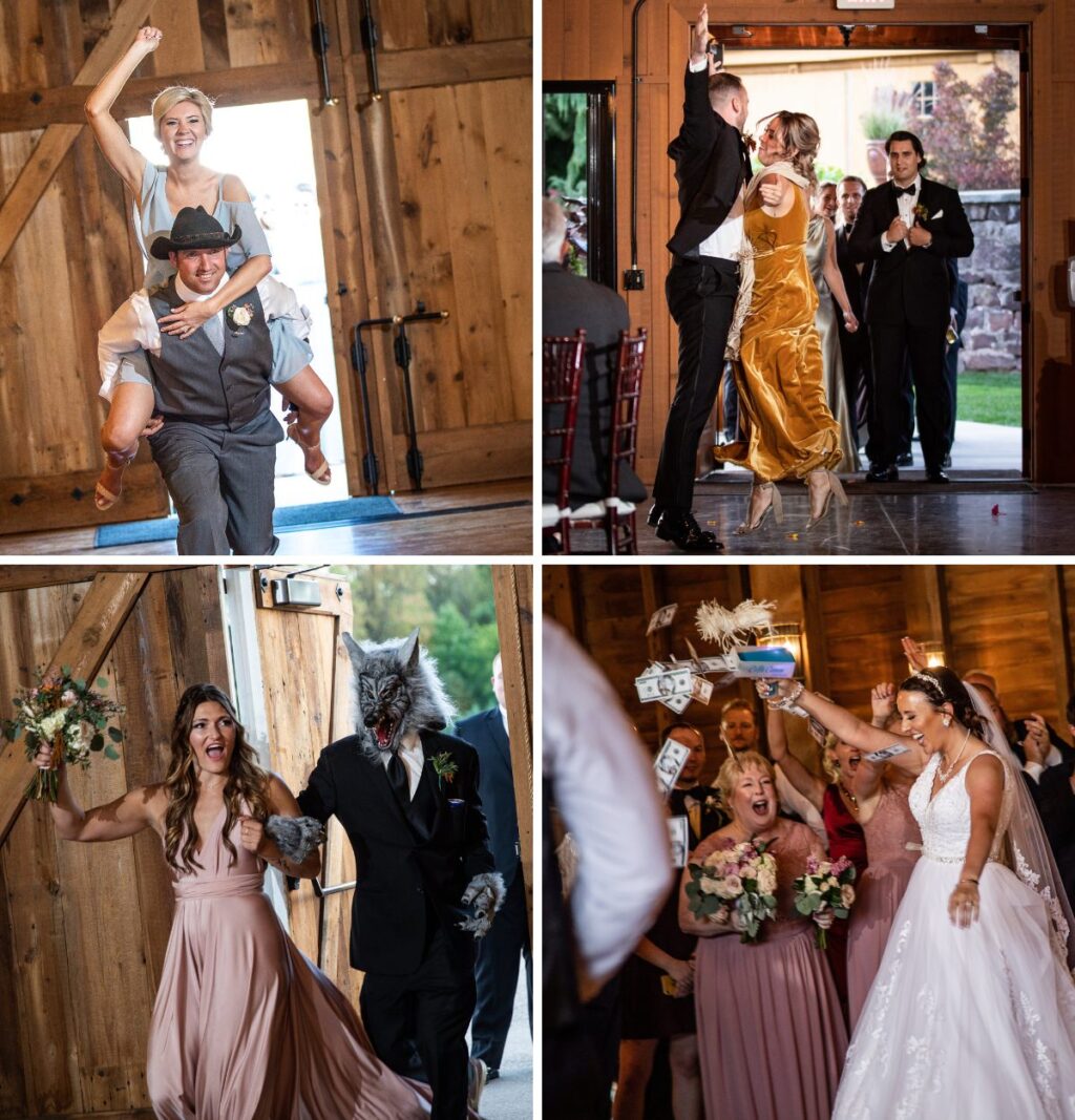 A photo collage of funny wedding party entrance ideas into the reception. This shows a girl getting a piggyback ride, two people chest bumping, a guy in a funny mask, and a bride tossing dollar bills into the air