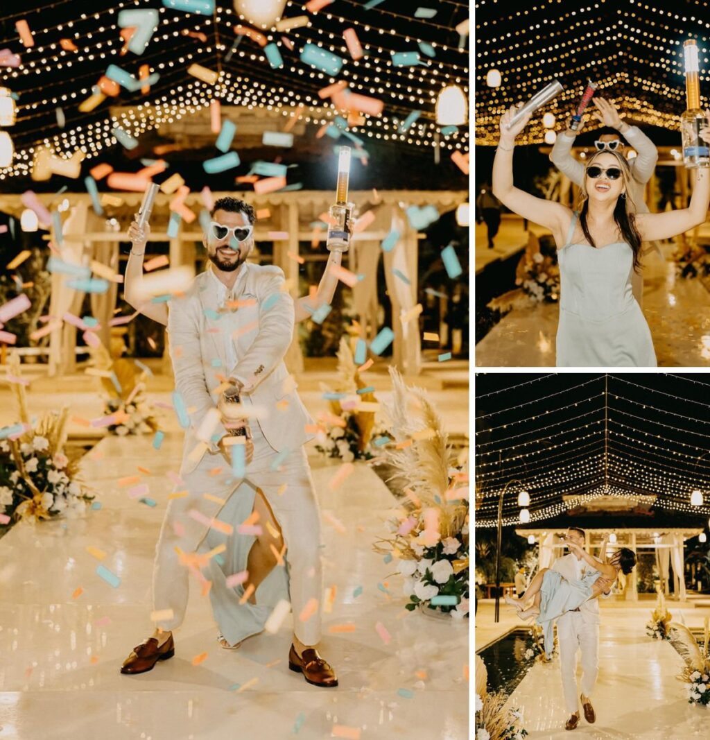 A fun photo collage of the wedding party walking into the reception room