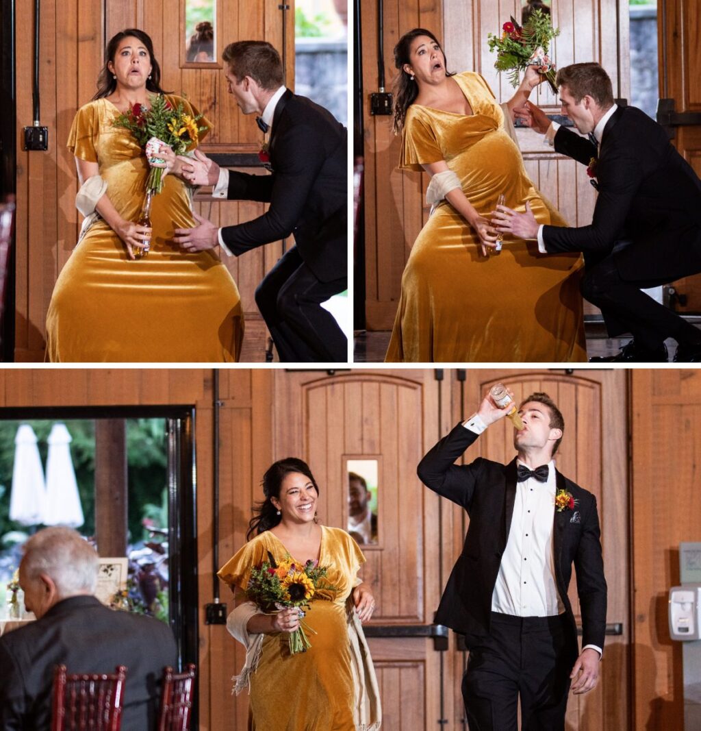 A bridesmaid giving fake birth to a bottle of beer as she enters the wedding reception.