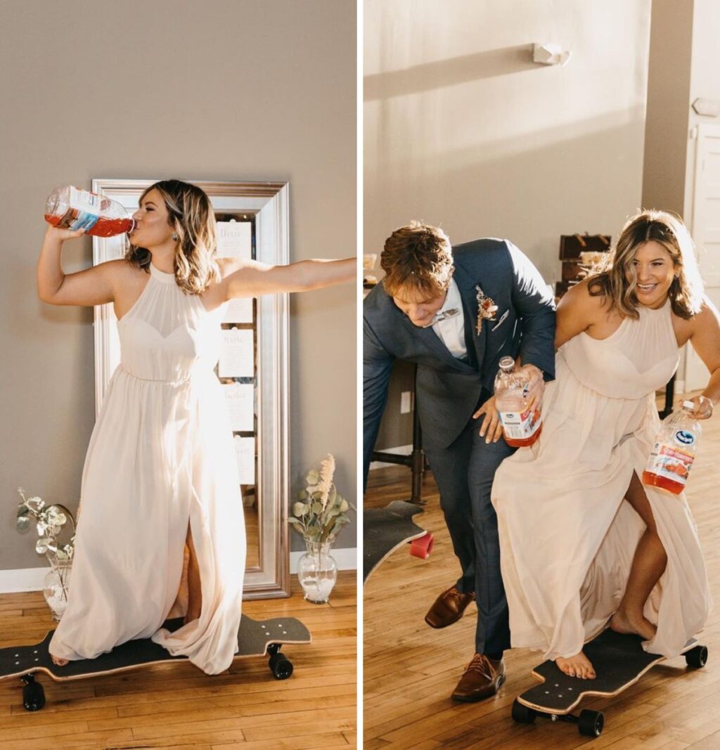 A wedding party riding into the wedding reception on skateboards