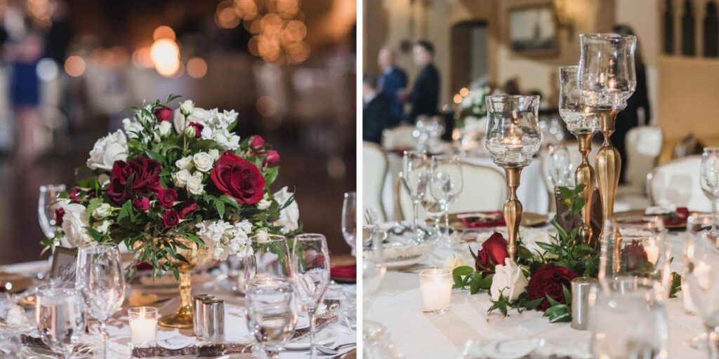 Red, white, and green Christmas wedding centerpieces on a table