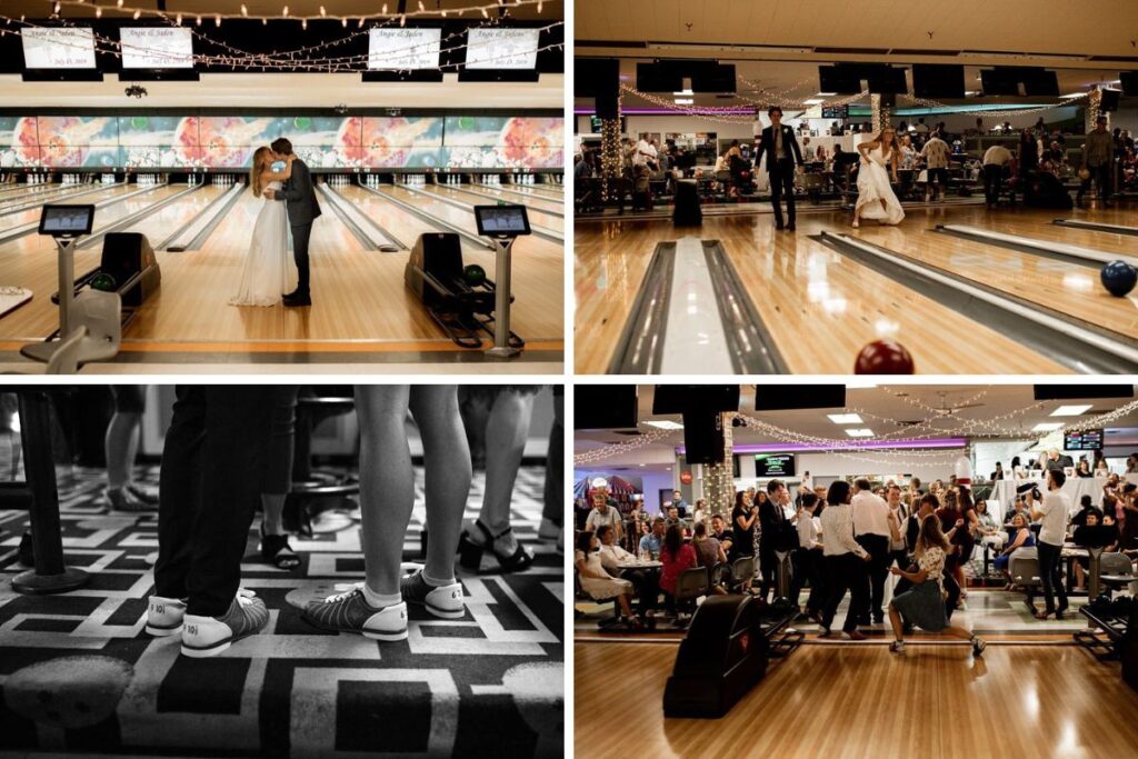 A wedding taking place at a bowling alley