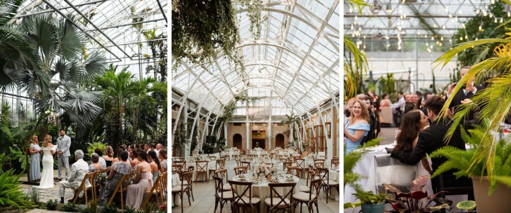 a collage of photos from a botanical gardens wedding