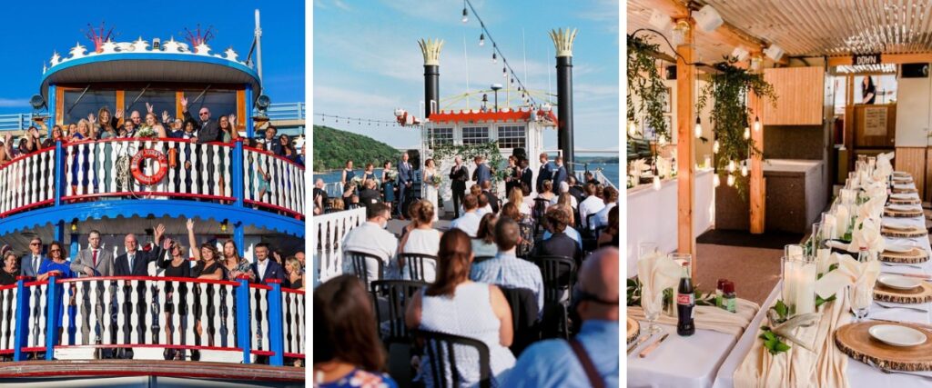 A photo collage of weddings taking place on a riverboat. This is for the blog post called non-traditional wedding venue ideas