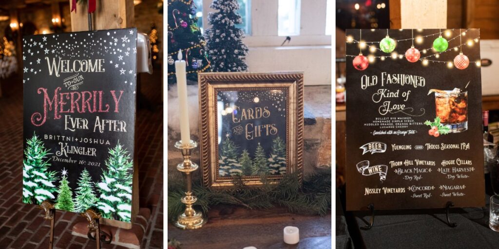 Wedding signage with a Christmas theme. This is for the blog post called Christmas wedding ideas and inspiration