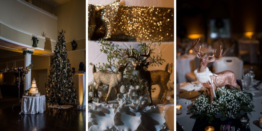 A rustic Christmas style wedding reception with a decorated tree and deer decorations