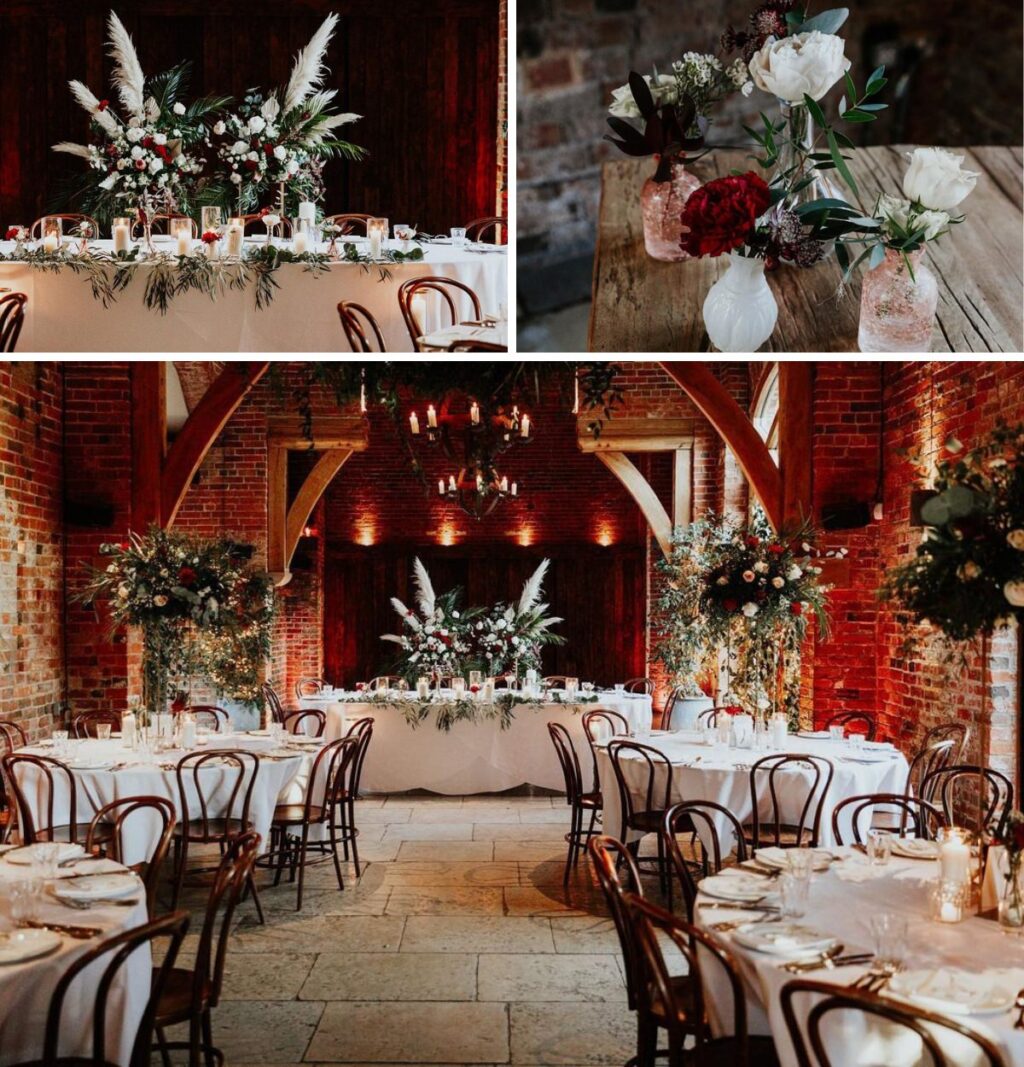Fun rustic winter wedding reception decor with a modern twist. The centerpieces uses big flowers and feathers.