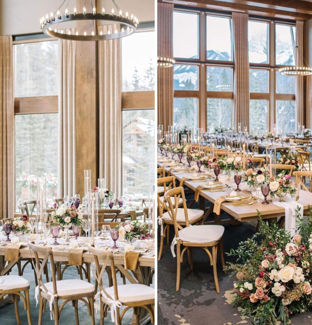 Light and airy winter wedding reception decor with long tables