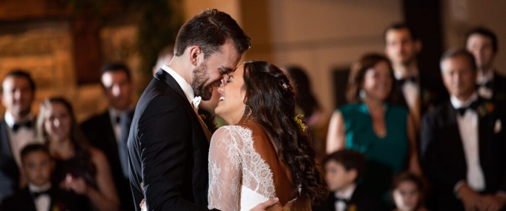 A bride and groom sharing their first dance