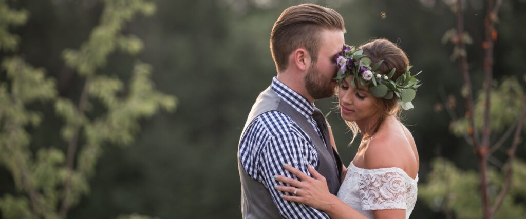 A bride and groom spending quiet alone time together on the wedding day