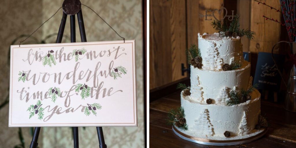 A Christmas theme wedding cake and welcome sign.