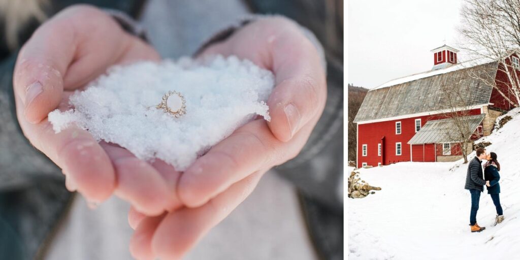 A photo of a person holding a handful of snow with their engagement ring on top and another photo of a couple posing in the snow in front of a bright red barn