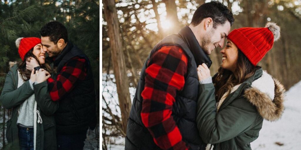 A couple posing in the snow for their engagement session