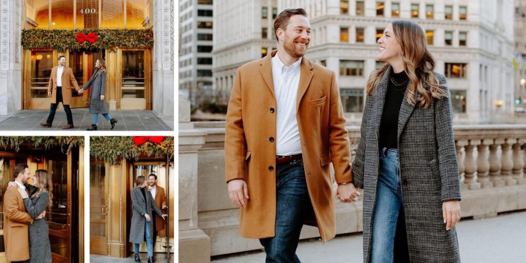 A couple walking around the city in winter clothing