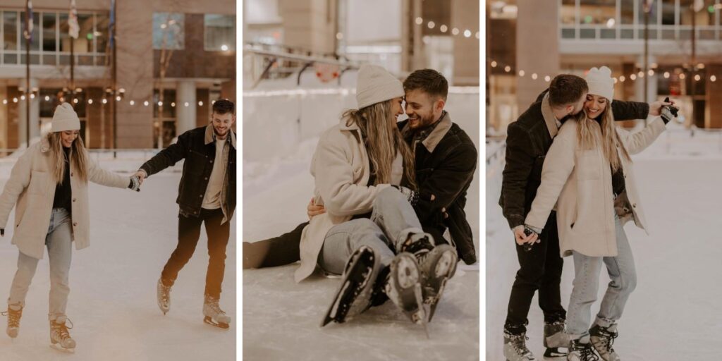 A couple doing their engagement photos while ice skating