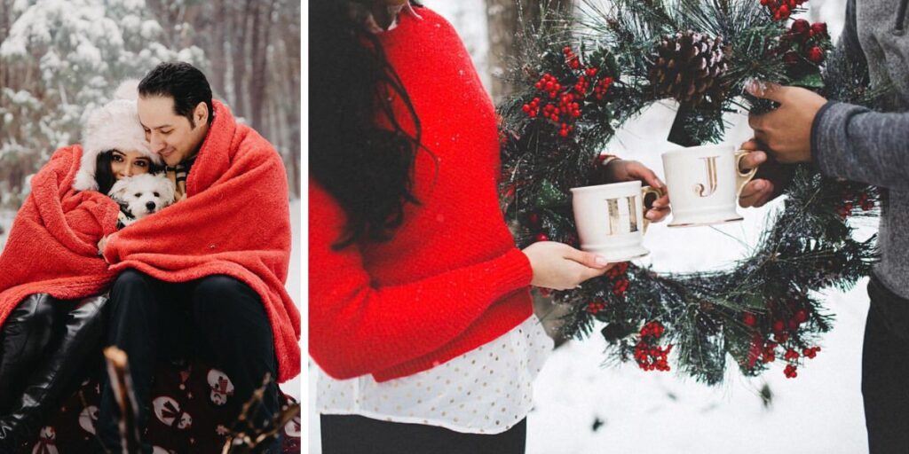 A photo of a couple in the snow with a bright colored blanket and another photo of a couple holding up coffee cups and a wreath