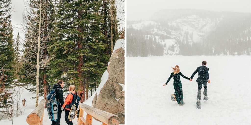 A couple taking engagement photos while snowshoeing