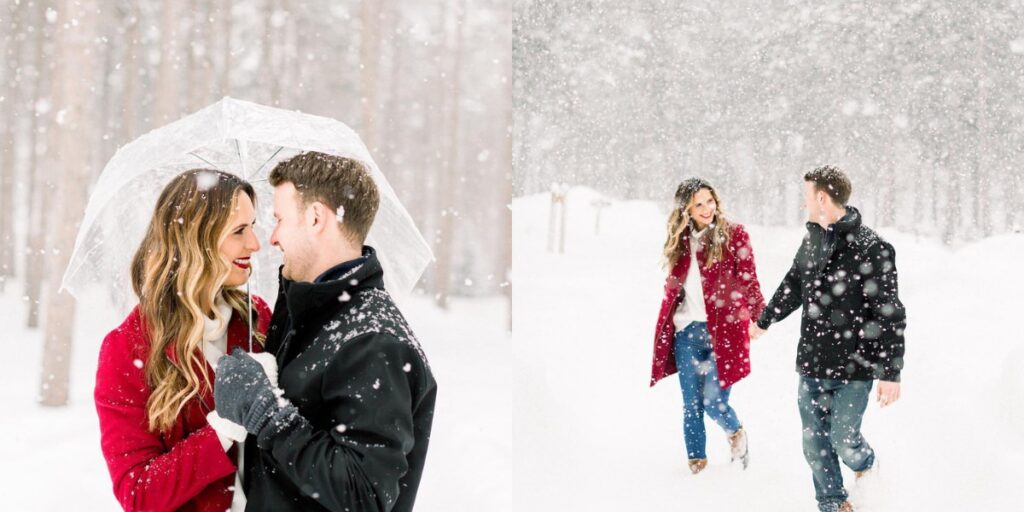 A couple posing for photos in the snow
