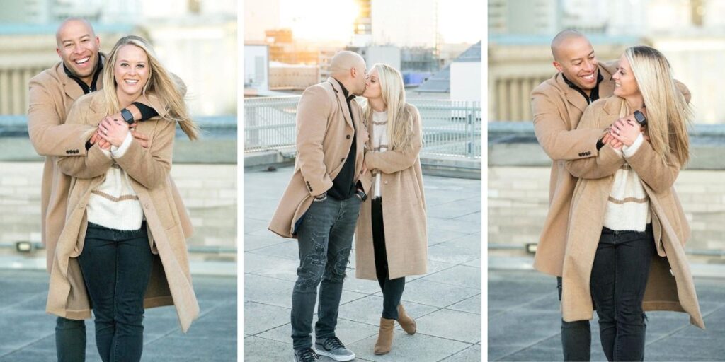 A collage of photos that shows a couple posing in brown coats