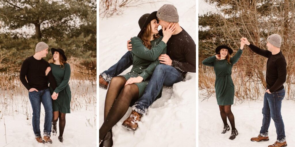 A couple posing and taking candid photos in the winter