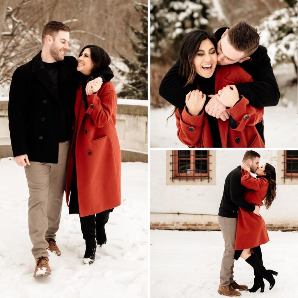 a couple posing for winter engagement photos wearing black, red, and other neutral tones